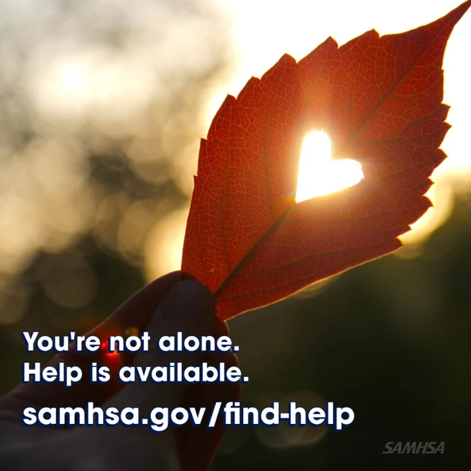 Autumn red leaf with cut heart in a hand. You’re not alone. Help is available. samhsa.gov/find-help