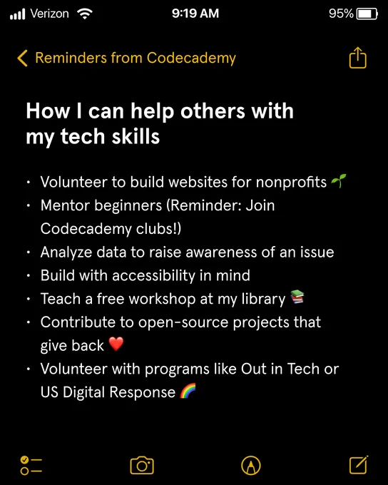 Screenshot of a smartphone displaying a list titled 'How I can help others with my tech skills' from Codecademy. The list includes items such as mentoring beginners, raising awareness on issues, teaching free classes, contributing to open-source projects, and volunteering with tech programs.