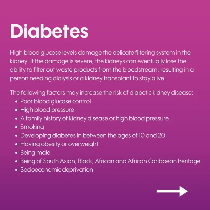 Infographic titled 'Diabetes' highlighting its impact on kidney health and listing risk factors for diabetic kidney disease such as high blood pressure, family history, smoking, certain ethnic backgrounds, and more.