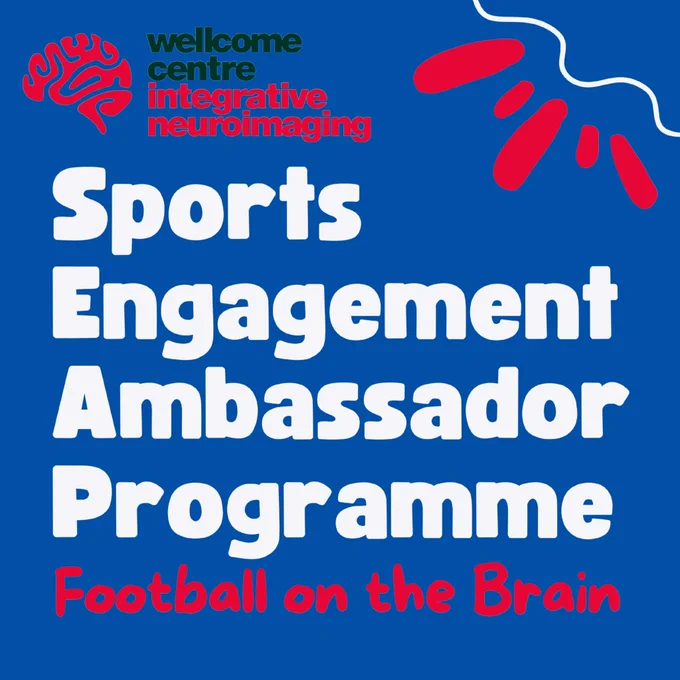 A graphic with dark blue background and text in white and red reading: "Wellcome Centre, integrative neuroimaging. Sports Engagement Ambassador Programme. Football on the Brain". There is a red icon for a brain in the top left and white and red shapes in the top right to make it more eye catching.
