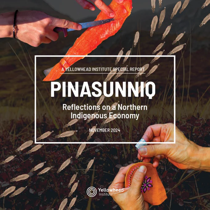 Image features collage art by Jessica Winters representing hands holding a fish. Image is underneath a field with text surrounded by a white border that reads: 'Pinasunniq: Reflections on a Northern Indigenous Economy.' The Yellowhead Institute logo is bottom centre.