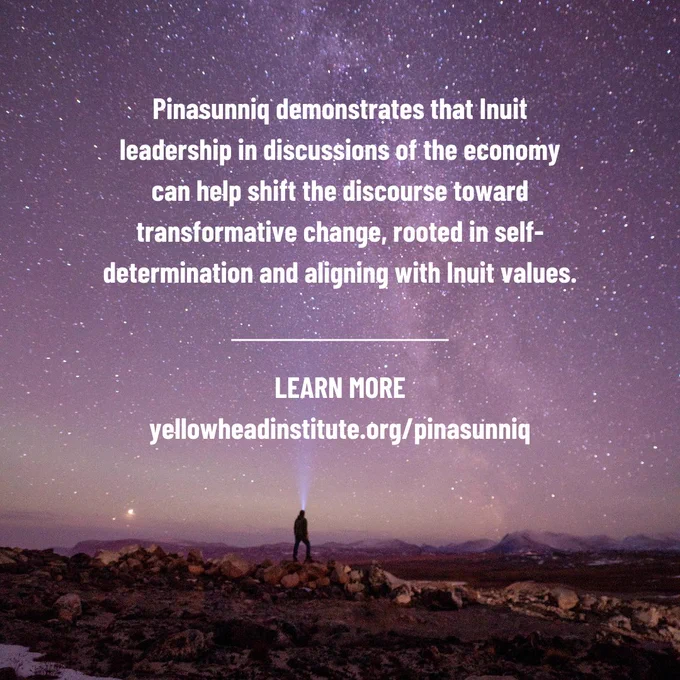 On a background photo of stars in the sky texts reads: 'Pinasunniq demonstrates that Inuit leadership in discussions of the economy can help shift the discourse toward transformative change, rooted in self-determination and aligning with Inuit values.' Bordered by a thin white line, text at the bottom of the page reads: LEARN MORE yellowheadinstitute.org/pinasunniq