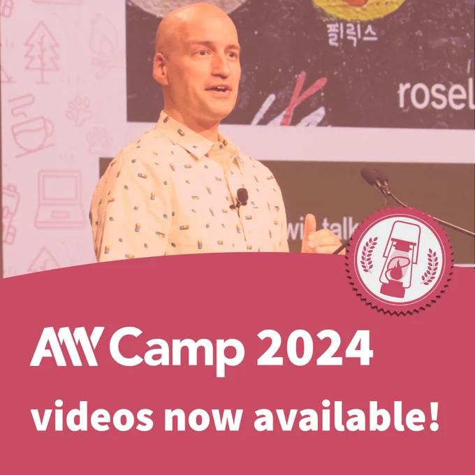 A11y Camp 2024 videos now available! Adrian Roselli presenting. Camping lamp badge.