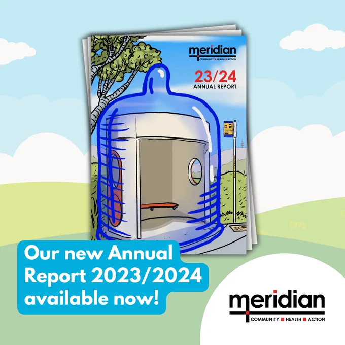 Graphic shows the cover of the Annual Report with bus station in a condom illustration, and Meridian logo. 