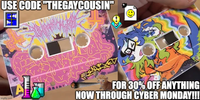 two photos of both sides of the cassette tape side by side. there is meme text edited on top of it and 90s windows icons around and a cat smoking a joint.