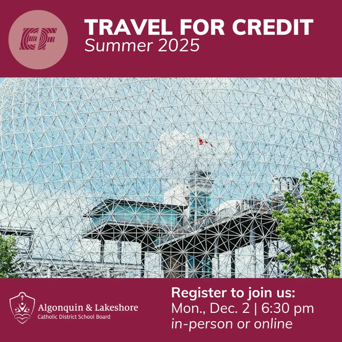 Travel for Credit. Register to join us: Mon., Dec., 2 at 6:30 pm. In-person or online. 
Top left: EFTours Canada Logo
Bottom left: ALCDSB logo.