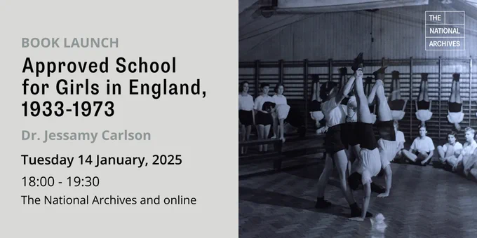 Promotional banner with event details and a black and white photograph of school children doing handstands.