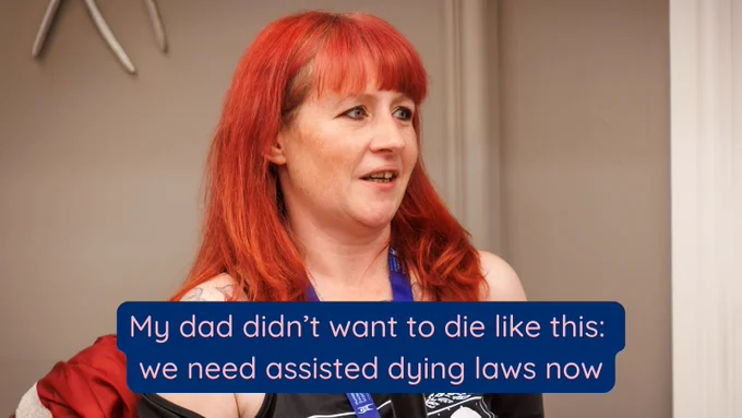 Joanne speaks at our Festival of Humanism 2024. Text reads "My dad didn't want to die like this: we need assisted dying laws now"