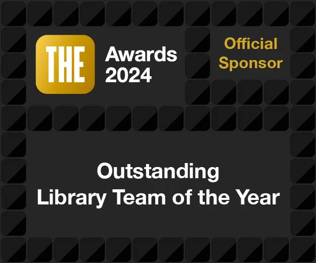 Image for THE Award 2024 Outstanding Library Team of the Year, featuring 'Official Sponsor' text in gold on a black and white design.