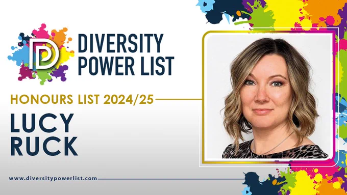 Designed card for the Diversity Power List (with logo). Lucy's photo is in a square on the right. On the left, this text: 'Honours list 2024/2025, Lucy Ruck. www.diversitypowerlist.com'.