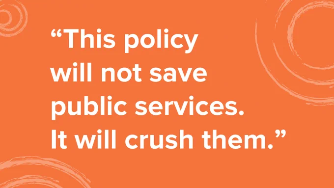 A quote in bold white lettering which says "This policy will not save public services. It will crush them." The lettering is over four decks and sits on top of an orange background, with concentric illustrated circles (representing CCPS's brand) in the top left and right and bottom left corners of the image.