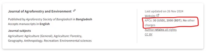 A screenshot from DOAJ's journal search illustrating how information about other charges has been added to the search results. The new infromation about other charges now appears next to the information about APCs. In this example, the extended line now reads: 'APCS $30, 2000 Bangladeshi Taka, No other charges.
