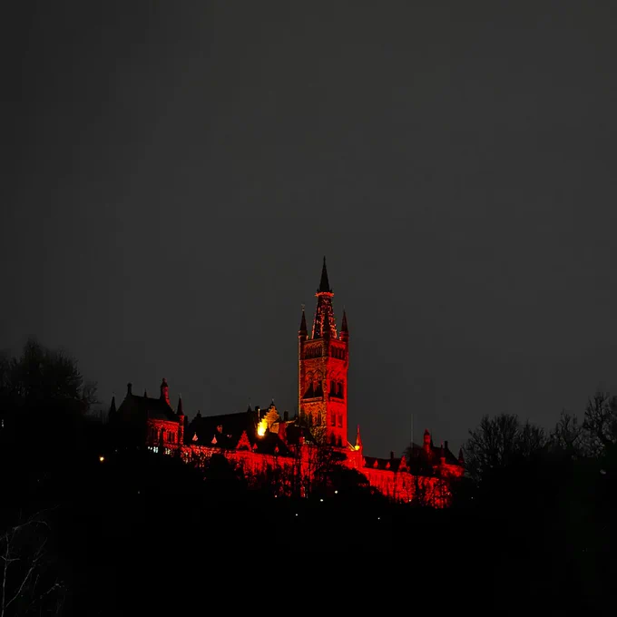 The gothic Gilbert Scott building illuminated red against a dark sky.
