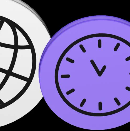 Clock icon in purple chip alongside globe icon in white chip.