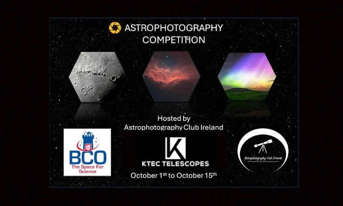 A banner for an Astrophotography Competition. It features three small images in Hexagonal frames. one is of the Moon surface and its craters. The middle is of a reddish nebula, the third is of an aurora glowing over an island. The text in the banner details the competition sponsors and running dates.