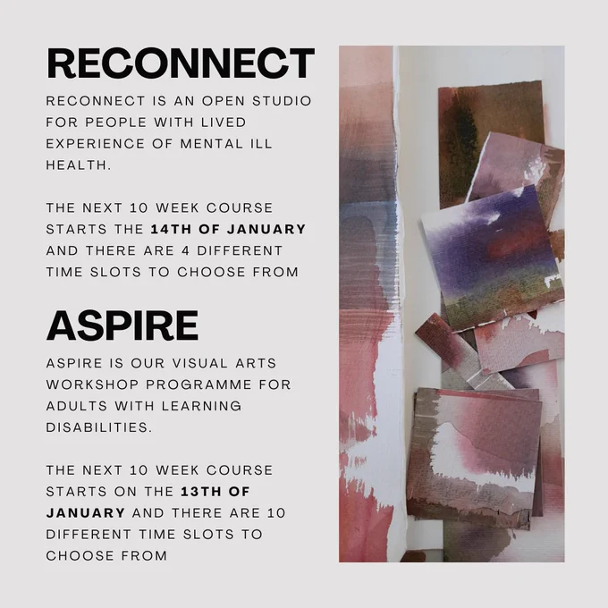 The same grey background, the image is a vertical detail of little painted squares, in browns, greens, greys and purples. The text gives information about the Aspire and ReConnect workshops, elaborating their start dates (the 13th and 14th of January).