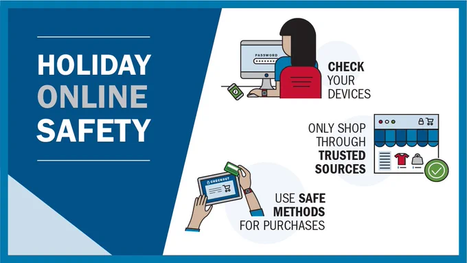 Holiday online safety

- Check your devices
- Only shop through trusted sources
- Use safe methods for purchases