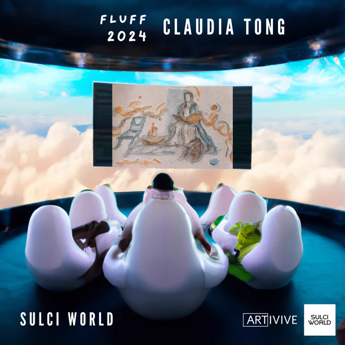 Designed graphic with a background AI render by SULCI WORLD. Building with clouds outside. The building is curved there are large pink chairs in the centre with a person sitting on a chair with backs to the camera. There is a screen in the centre showing a picture of a person reading a book. White text on graphic: FLUFF 2024  Claudia Tong SULCI WORLD.