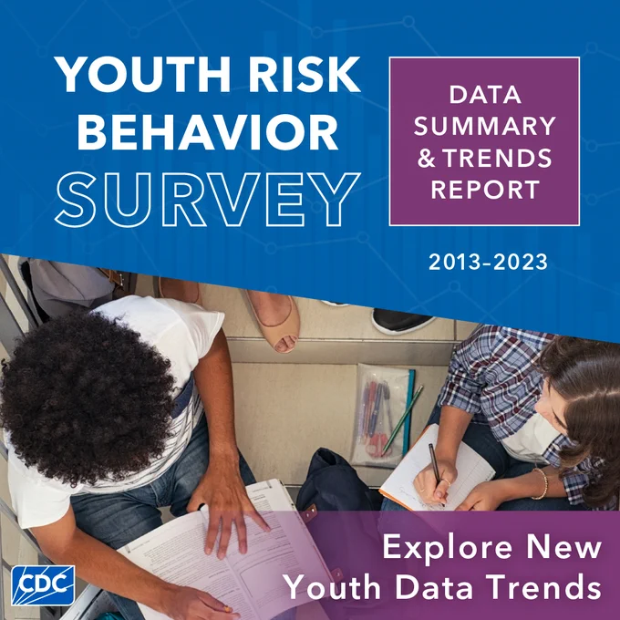 Several high school students sitting on stairs while studying.  Text: Youth Risk Behavior Survey Data Summary & Trends Report: 2013-2023. Explore new youth health data trends.