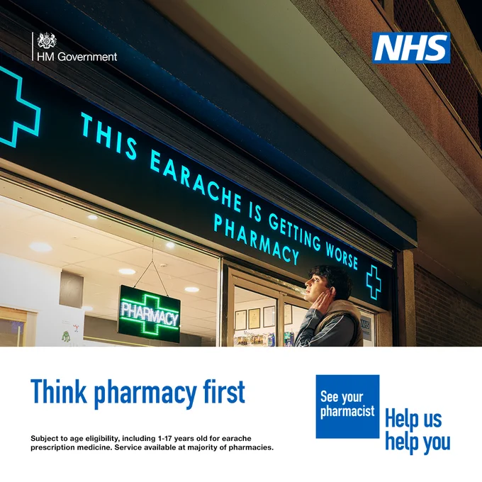 A person is standing outside a pharmacy holding the side of their face in discomfort. The sign above the pharmacy reads 'This earache is getting worse pharmacy'

 A lower third box features in the bottom on the image. Text in the box reads: 'Think pharmacy first. Subject to age eligibility, including 12 years and over for sinusitis prescription medicine. Service available at majority of pharmacies.'
