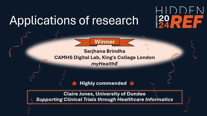 Applications of research
Winner - Sarjhana Brindha, CAMHS Digital Lab, King's College London, myHealthE
Highly commended - Claire Jones, University of Dundee, Supporting Clinical Trials through Healthcare Informatics