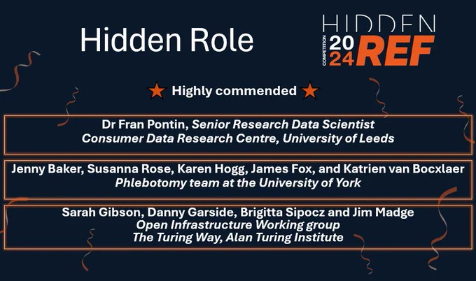 Hidden Role
Highly commended:
- Dr Fran Pontin, Senior Research Data Scientist for the Consumer Data Research Centre at the University of Leeds
- Jenny Baker, Susanna Rose, Karen Hogg, James Fox, and Katrien van Bocxlaer - the Phlebotomy team at the University of York
- Sarah Gibson, Danny Garside, Brigitta Sipocz and Jim Madge, the Open Infrastructure Working group for The Turing Way at the Alan Turing Institute