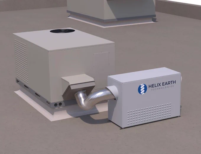 A rendering of the Helix Earth retrofit dehumidifier attached to a typical rooftop air conditioner.