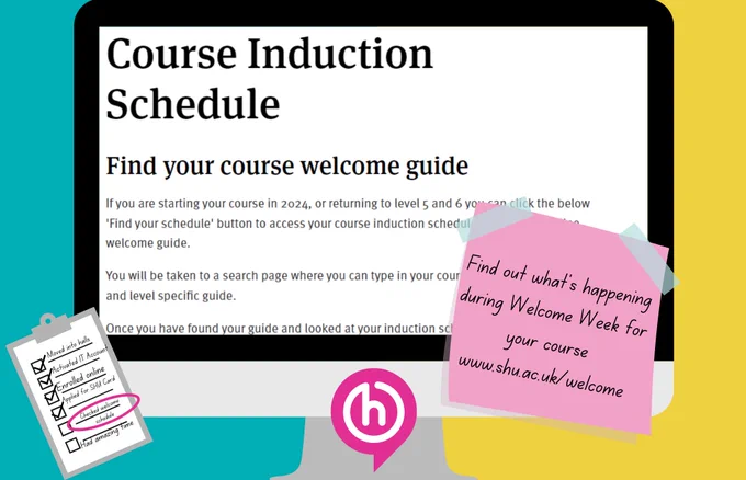 The Hallam course induction screen on a tv screen with a post it note reading 'Find out what's happening during Welcome Week for your course. www.shu.ac.uk/welcome'