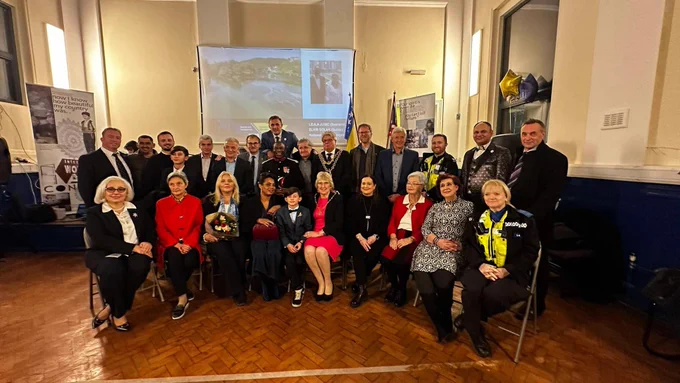 The Lord Mayor of Birmingham with a large group of community members and officers at the Bosnia and Herzegovina Statehood Day.
