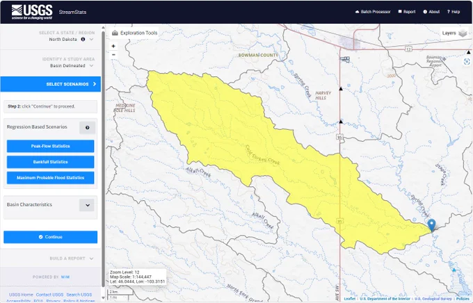 An oblong watershed where water flows from northwest to southeast