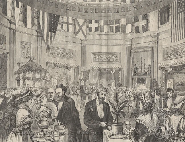 Print of multiple merchants in the Rotunda in 1875
