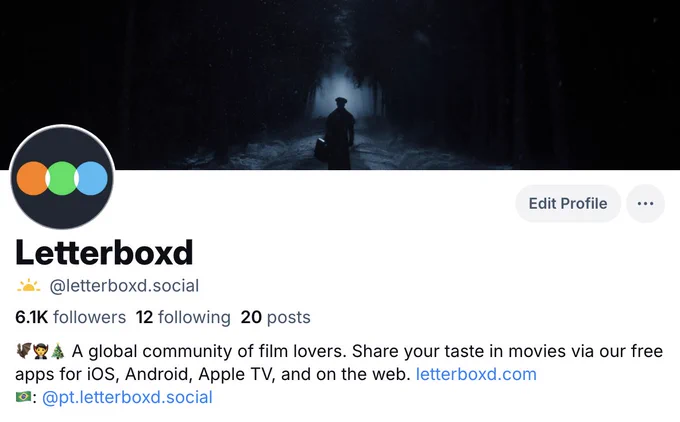 screenshot of the Letterboxd Bluesky account header, featuring a shot of a small figure against a dark background from the movie Nosferatu. there's bio information, follower and post counts