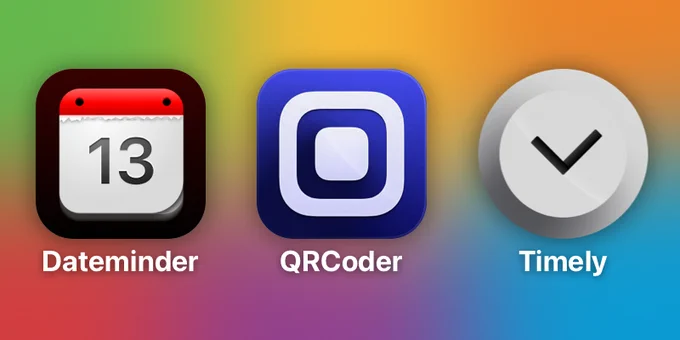 3 App Icons side by side (Dateminder, QRCoder, Timely) placed in front of a gradient background.