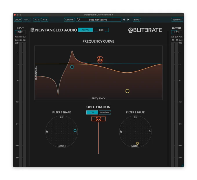 Obliterate plug-in interface, showing two filter shapes with resonant curves and BP/LP/HP/notch morphing controls on a circle, obliteration amount with an angry orange skull fader, and an angry orange skull on the filter curve.