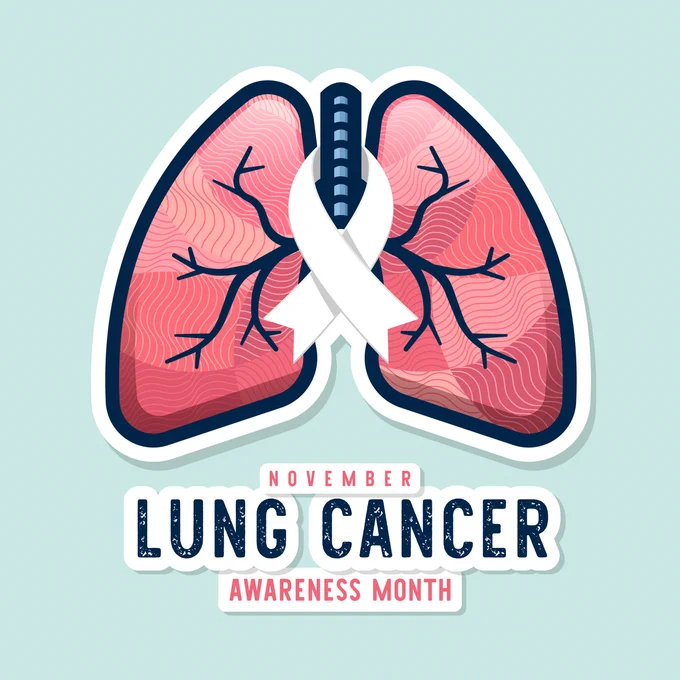 An illustration of a pair of pink lungs appears on a light teal background. The lungs are outlined in white and dark blue, and a white ribbon is positioned in the center of the lungs. Underneath the image “Lung Cancer” is written in dark blue text. “November” is written in pink about “Lung Cancer,” and “Awareness Month” is written below “Lung Cancer” in pink text.  