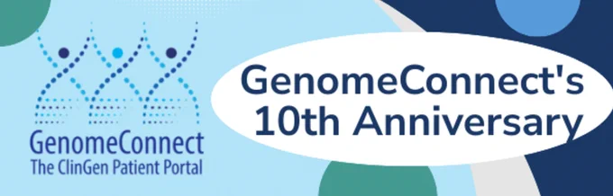 GenomeConnect, The ClinGen Patient Portal, logo is over a light blue background. To the right is a white oval that states "GenomeConnect's 10th Anniversary" over a multicolor background with abstract shapes.