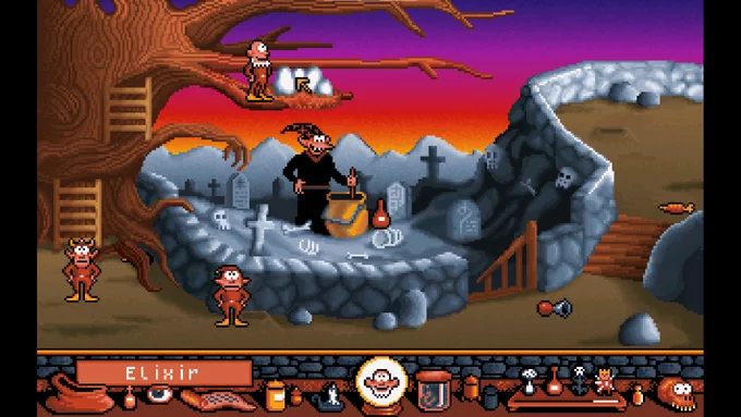 Screenshot from the game »Gobliiins«: Three goblins, trying to sneak past an evil wizard.