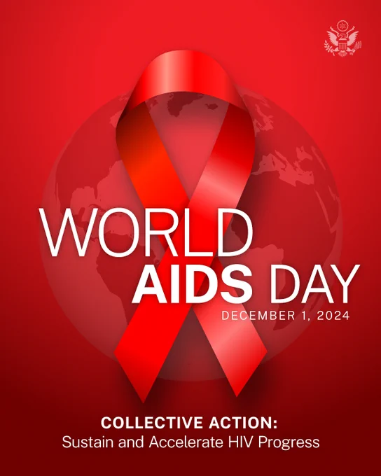Red ribbon over globe. Graphic text: Collective Action: Sustain and Accelerate HIV Progress