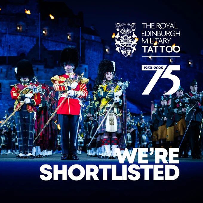 Promotional image for The Royal Edinburgh Military Tattoo, celebrating its 75th anniversary from 1950-2025, featuring three uniformed members in traditional military attire with bagpipes and drums, standing in front of a lit Edinburgh Castle at night.