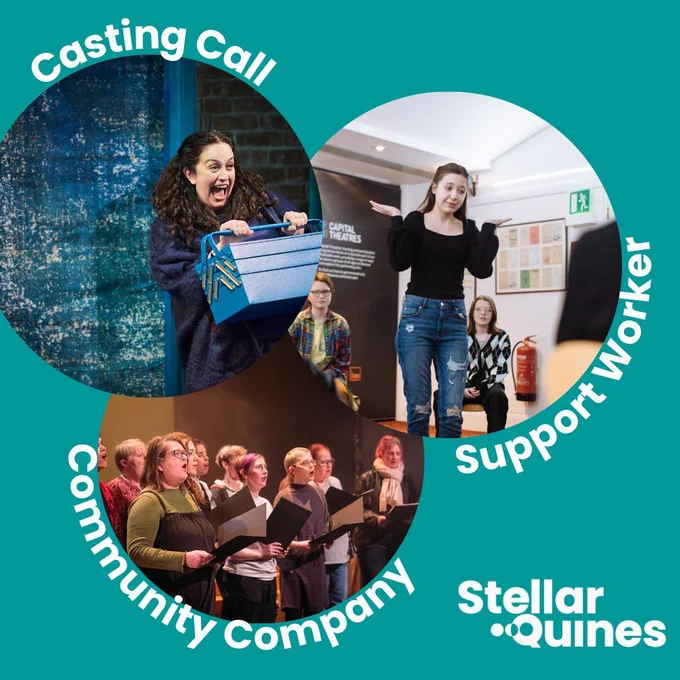 A blue background with 3 images on it. A performer looking excited, labelled casting call. A young person playing a game, labelled Support Worker. A Choir singing, labelled Community Company.