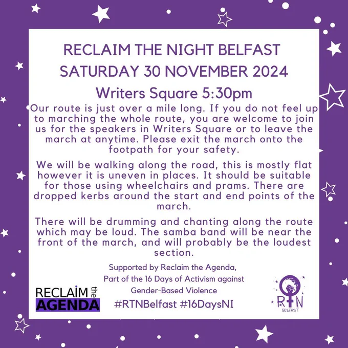 Our route is just over a mile long. If you do not feel up to marching the whole route, you are welcome to join us for the speakers in Writers Square or to leave the march at anytime. Please exit the march onto the footpath for your safety.

We will be walking along the road, this is mostly flat however it is uneven in places. It should be suitable for those using wheelchairs and prams. There are dropped kerbs around the start and end points of the march.

There will be drumming and chanting along the route which may be loud. The samba band will be near the front of the march, and will probably be the loudest section.