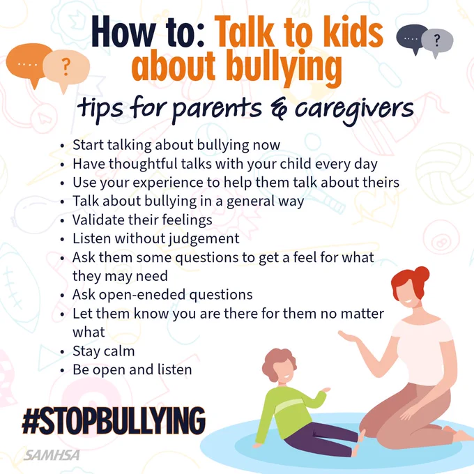 An educational infographic titled "How to Talk to Kids about Bullying," featuring tips for parents and caregivers on communicating with children about bullying. The image includes a graphic of an adult sitting with a child, both engaging in conversation, surrounded by playful doodles and question marks. Below, the hashtag #STOPBULLYING and the logo of SAMHSA (Substance Abuse and Mental Health Services Administration) are displayed.