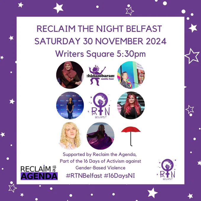 Images of the speakers and performers at Reclaim the night Belfast 2024, Clare Moore, ICTU
Alexa Moore, The Rainbow Project
Lauren Bond, SSUNI
Naomi Green, Academic and trainer
Tanya Kearns, Safe Night NI
Sex Workers Alliance Ireland

We will also have a performance from Juanita Rea and Chidambaram Samba Band will join us along the route.