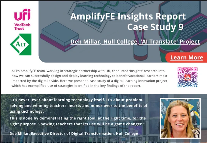 A screenshot graphic for an AmplifyFE Insights Report case study titled "AI Translate" featuring Deb Millar from Hull College. 
The graphic features the AmplifyFE logo, the Ufi VocTech Trust logo, and a quote from Deb Millar emphasizing the importance of using technology effectively in education.