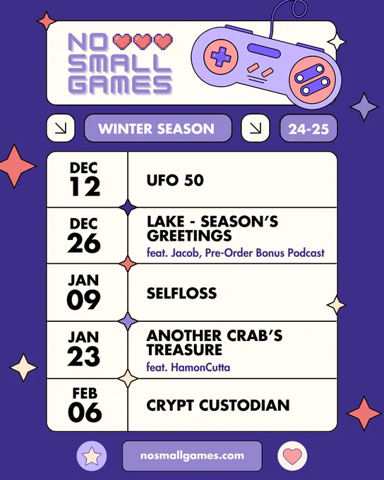Graphic of the No Small Games Winter Season lineup of games and guests
Dec 12 - UFO 50
Dec 26 - Lake - Season's Greetings feat. Jacob, from The Pre-Order Bonus Podcast
Jan 09 - Selfloss
Jan 23 - Another Crab's Treasure feat. HamonCutta
Feb 06 - Crypt Custodian