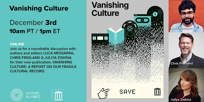 Image for the Vanishing Culture booktalk, including photos of Luca Messarra, Chris Freeland, and Juliya Ziskina.