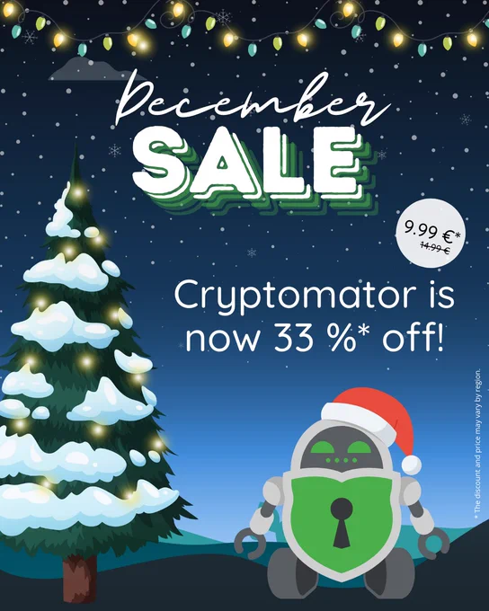 Illustration of a snowy winter scene at night with an illuminated tree and a robot wearing a festive hat holding a shield with a keyhole. Text reads: "December SALE - Cryptomator is now 33% off!