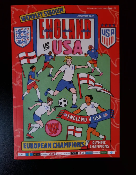 The cover of the England v USA women's international match programme, with illustrations of players.