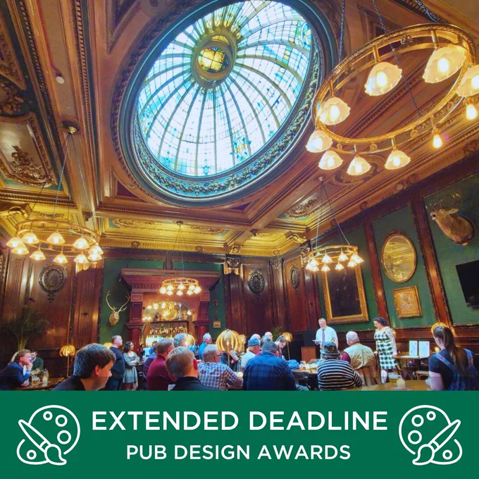 The Vines in Liverpool. The billiard room has a domed glass ceiling with wooden panelling. A green banner at the bottom advertises the Pub Design Awards.