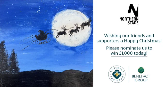 A childs illustration of santas sleigh in the night sky. Text reads "Wishing our friends and supporters a Happy Christmas! Please nominate us to win £1000 today!"